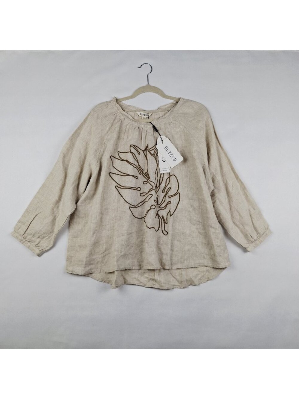 Lagenlook Peasant Blouse BUYKUD Plus Sz L New 100% Linen Embroidered Leaf Design